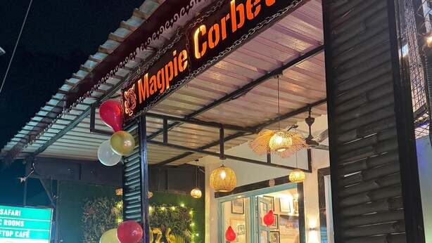Um restaurante chamado Magpie Corbett com área externa, logotipo de tigre e cardápio.