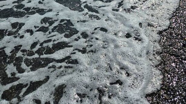 Une plage avec des vagues, un ciel dégagé et une côte lointaine.
