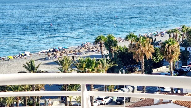 Een strand met palmbomen, parasols en mensen.