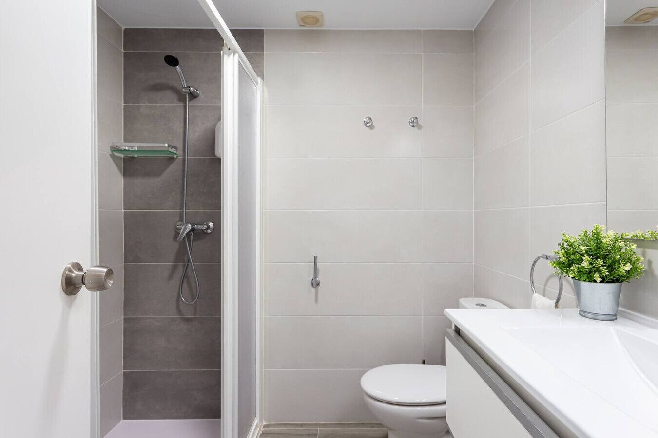 Ein modernes Badezimmer mit Dusche, Toilette und einem kleinen Topfpflanzen auf der Ablagefläche.