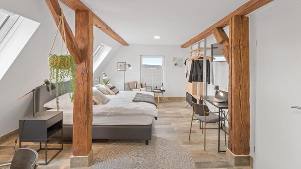 A bedroom with a bed, desk, chair, hanging plants, and a view of the outdoors. - RICLS Apartmenthaus - BRIGHT Collection (Wurmberg)