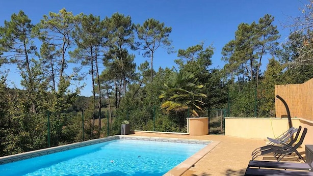 Una piscina con borde de azulejos, rodeada de árboles y una valla de madera.