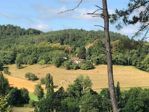 Un paysage rural avec une maison entourée d’arbres et de champs ouverts.