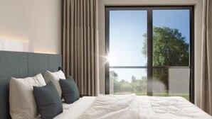 A hotel room with a large bed, a headboard, and a window with curtains. - Engelswerk Allgäu (Wertach)