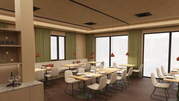 A modern dining area with multiple tables and chairs, large windows with curtains, and pendant lights.