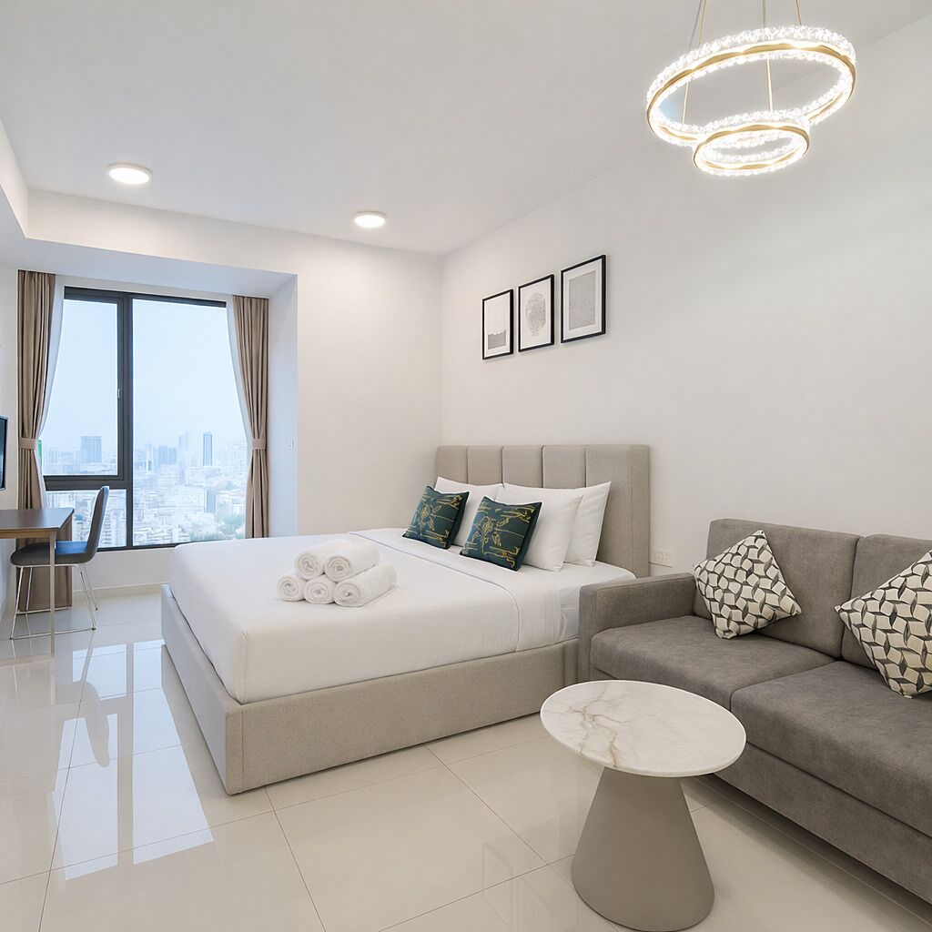 Appartement Standard, 1 grand lit, baignoire avec barres d’appui, vue ville