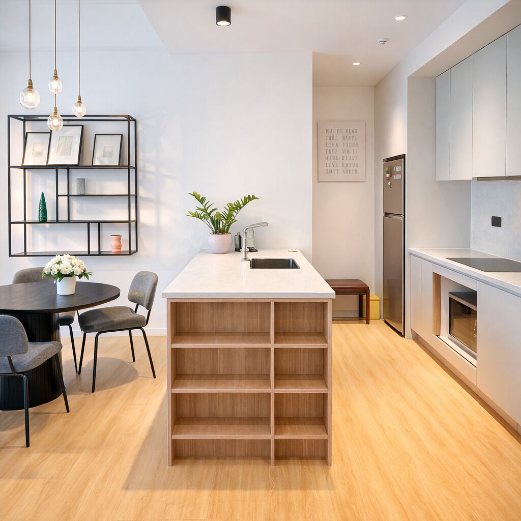 A modern kitchen with a central island, built-in shelves, a dining area with chairs, and a refrigerator.