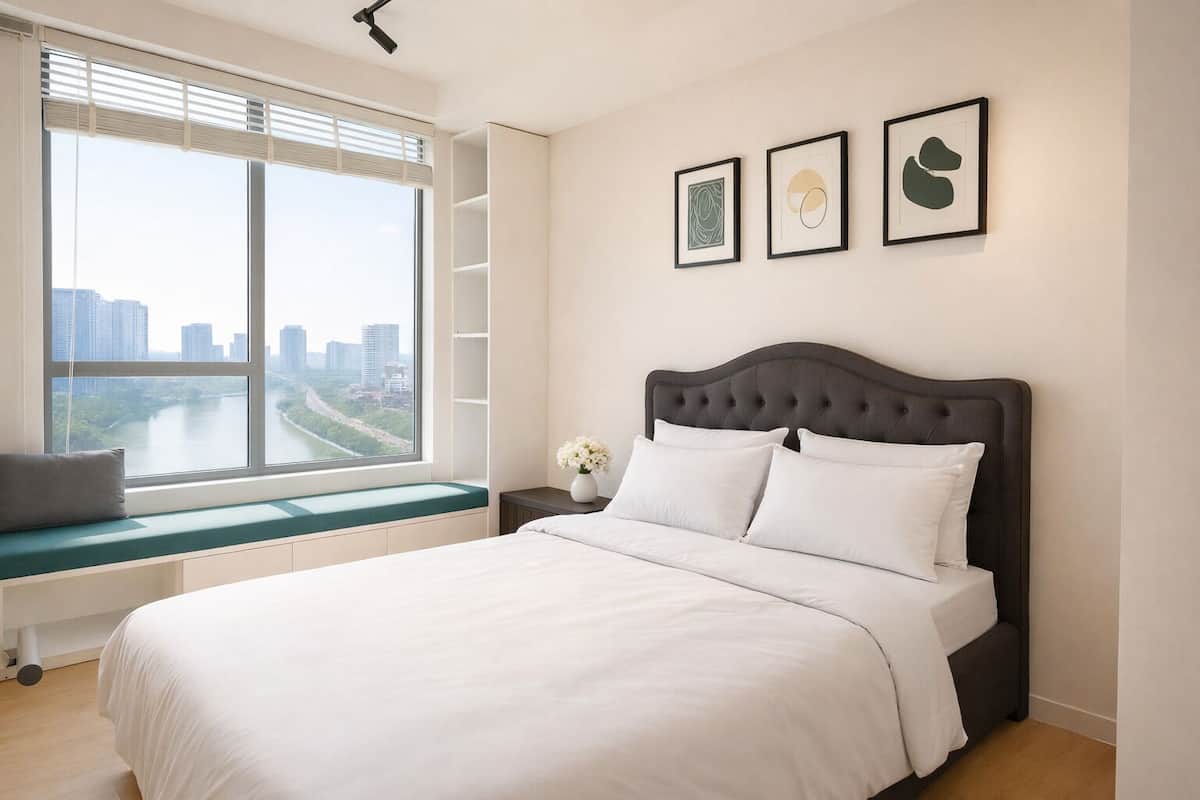 Une chambre avec une grande fenêtre, un lit, une table de chevet et une étagère fixée au mur.