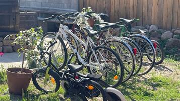 Bicicletas estacionadas em frente a um edifício com cerca de madeira e um vaso de planta.