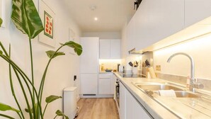 Eine moderne Küche mit weißen Schränken, einer Spüle aus Edelstahl und einem Blumentopf.