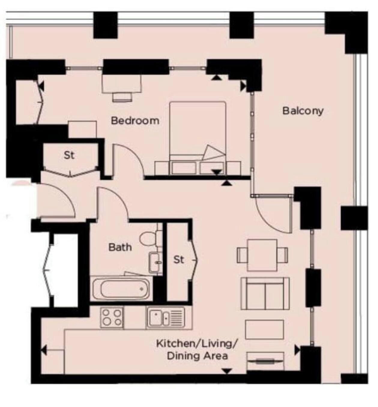 Ein Grundriss mit Schlafzimmer, Balkon, Bad, Küche und Essbereich.