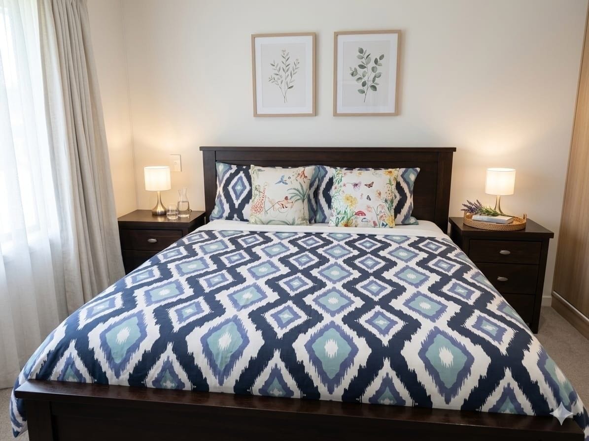 A bed with a patterned bedspread, two bedside tables with lamps, and two framed botanical prints on the wall.