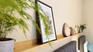Una habitación con un sofá gris, un estante de madera con adornos y una planta en maceta.