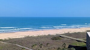 A beach with a clear view of the ocean, a paved path, and some palm trees. - Saida Royale 145 - Premier Location with Breathtaking Ocean Views. The Only Thing Missing is You! (South Padre Island)