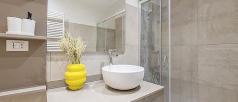 Shower, bidet, towels, shampoo