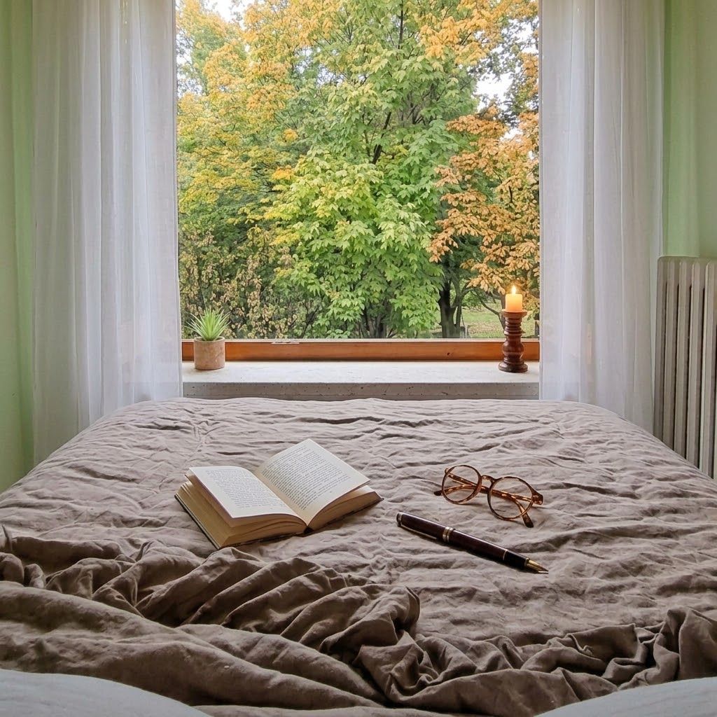 Una cama con un libro, gafas y un bolígrafo, una vela encendida y vistas a árboles a través de una ventana.