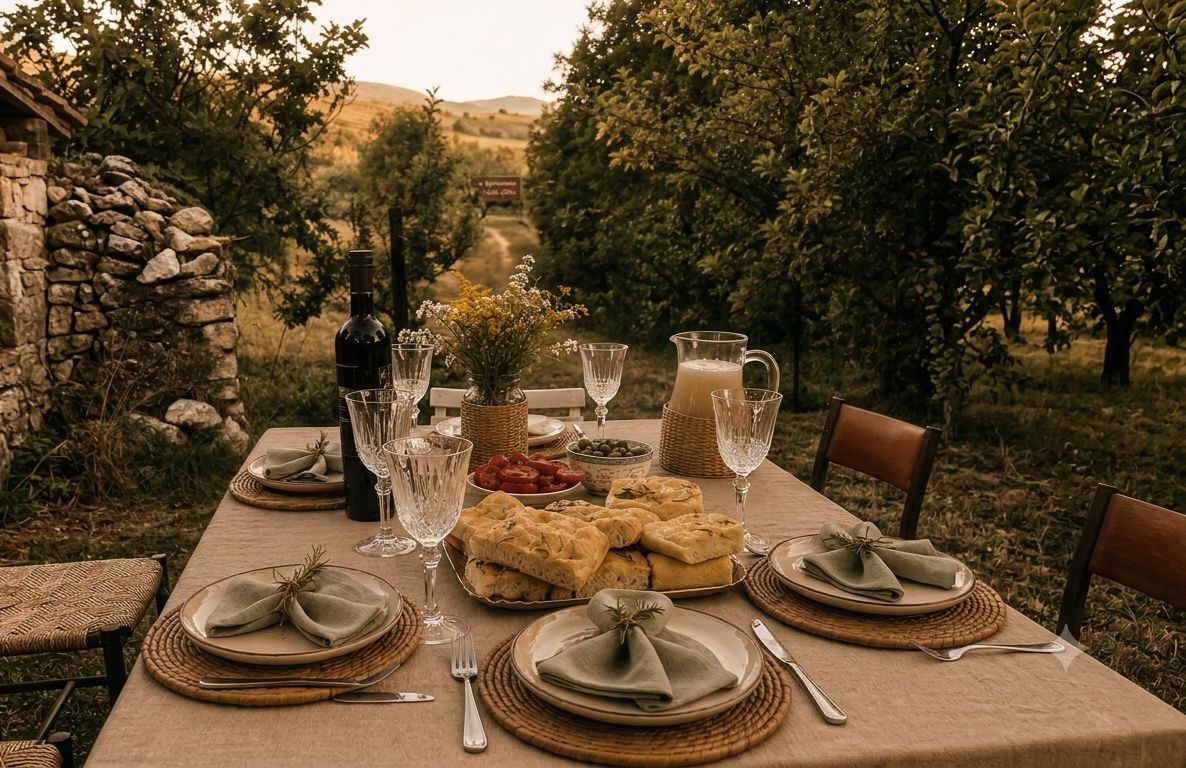 An outdoor dining table set with plates, glasses, and a bottle, surrounded by a stone wall and trees.