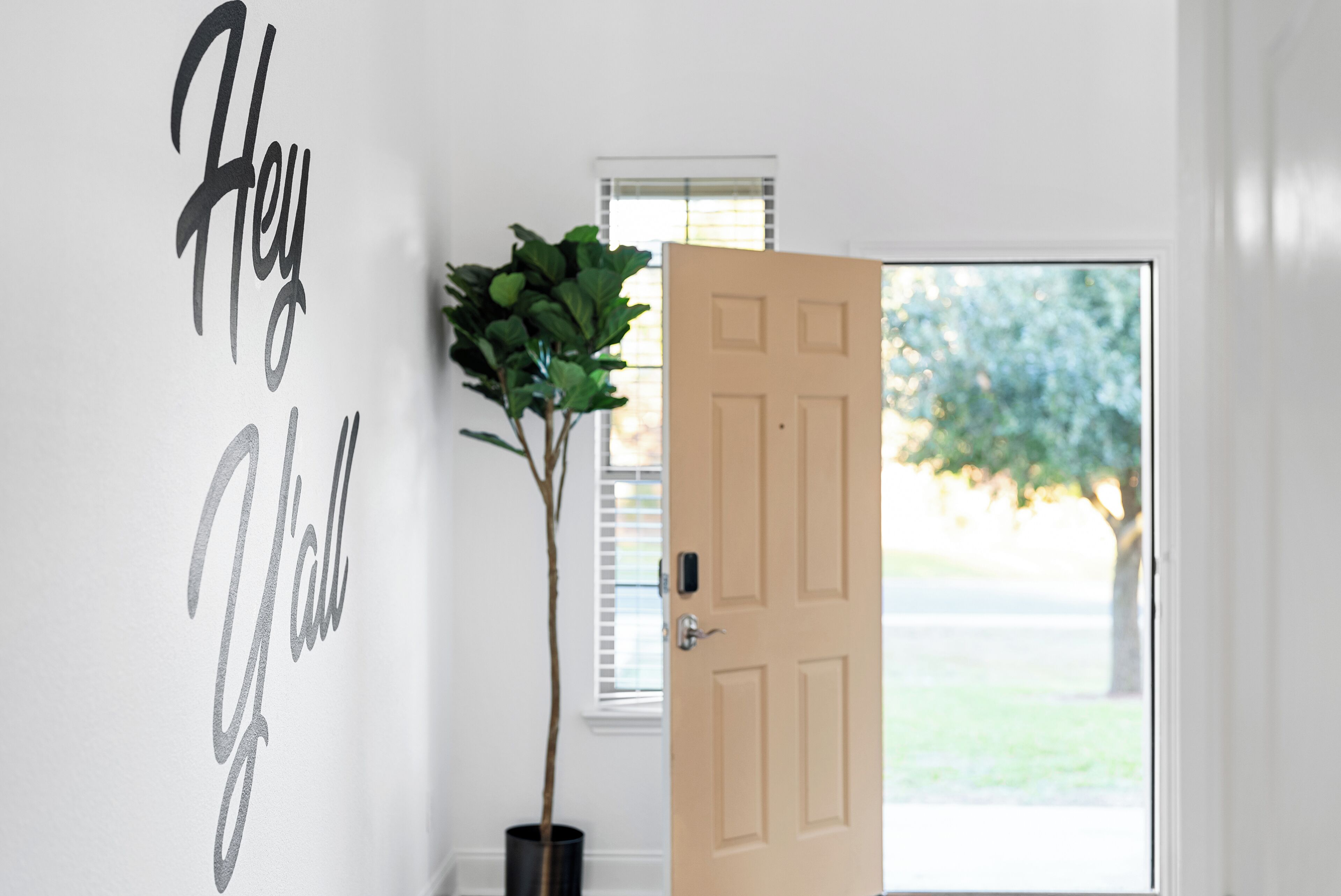 A hallway with a door, a potted plant, and a wall with 'Hey Y'all' written on it.