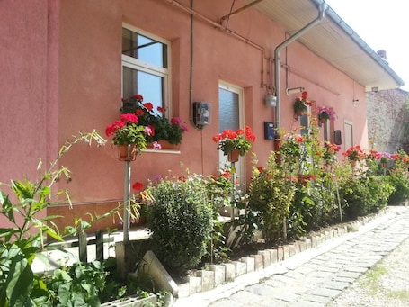 A building with a pink facade, multiple flower planters, and a stone pathway leading to the entrance.