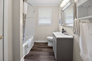 Hair dryer, towels, soap, shampoo