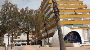 En hög palm framför en gul byggnad med flera våningar och en stor entré.