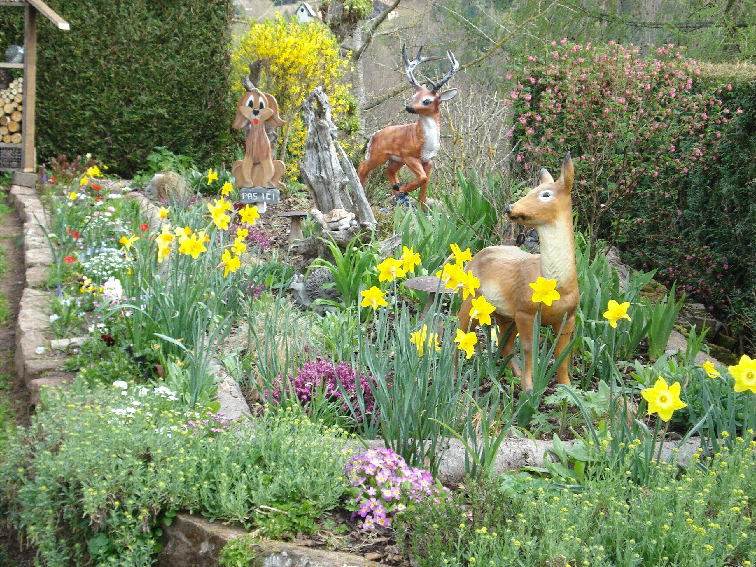 Un jardin agrémenté de diverses sculptures, notamment des cerfs et une tortue, et entouré de jonquilles jaunes et d’autres fleurs.