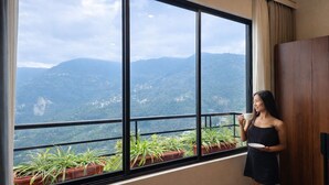A room with a large window overlooking a mountainous landscape, a potted plant arrangement, and a wooden wardrobe.
