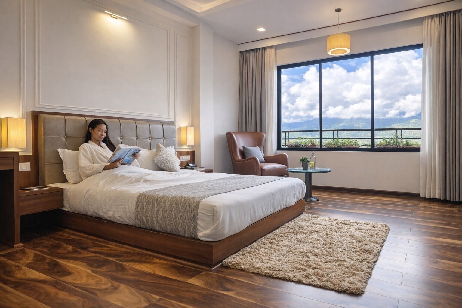 A hotel room with a large bed, a reading chair, a small table with a plant, and a view of the outdoors.