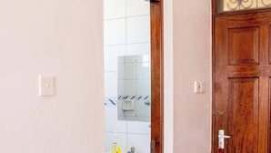 Corredor que leva a um banheiro com pia, porta de madeira, tapete azul e planta em vaso.