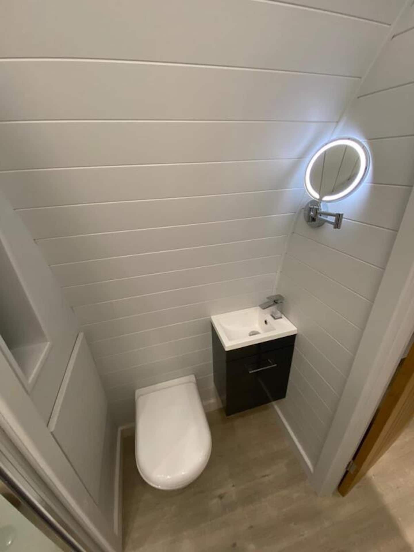 Pieni kylpyhuone, jossa on valkoinen wc-istuin, peilillä varustettu pesuallas ja puulattia.