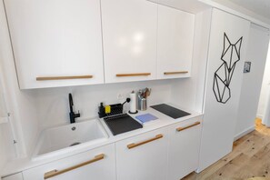 Kühlschrank, Mikrowelle, Herdplatte, Wasserkocher mit Kaffee-/Teezubehör