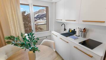 Kühlschrank, Mikrowelle, Herdplatte, Wasserkocher mit Kaffee-/Teezubehör