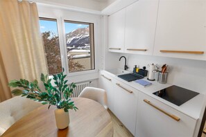 Kühlschrank, Mikrowelle, Herdplatte, Wasserkocher mit Kaffee-/Teezubehör