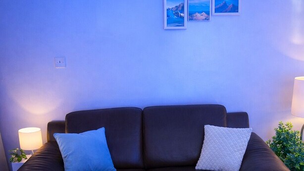 Un sofá de cuero marrón oscuro con dos almohadones, un cuadro con tres fotografías colgado en la pared, una lámpara de pie y una planta pequeña.