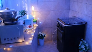 Cocina compacta con estufa, microondas y un refrigerador pequeño. Hay plantas en macetas y una guirnalda de luces sobre la encimera.
