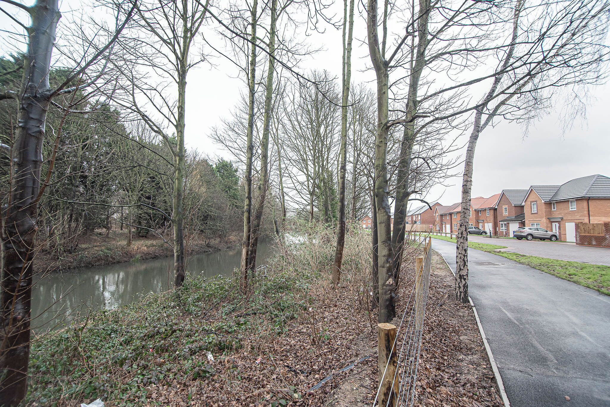 A river with trees and a fence, a paved path, and residential buildings in the background.