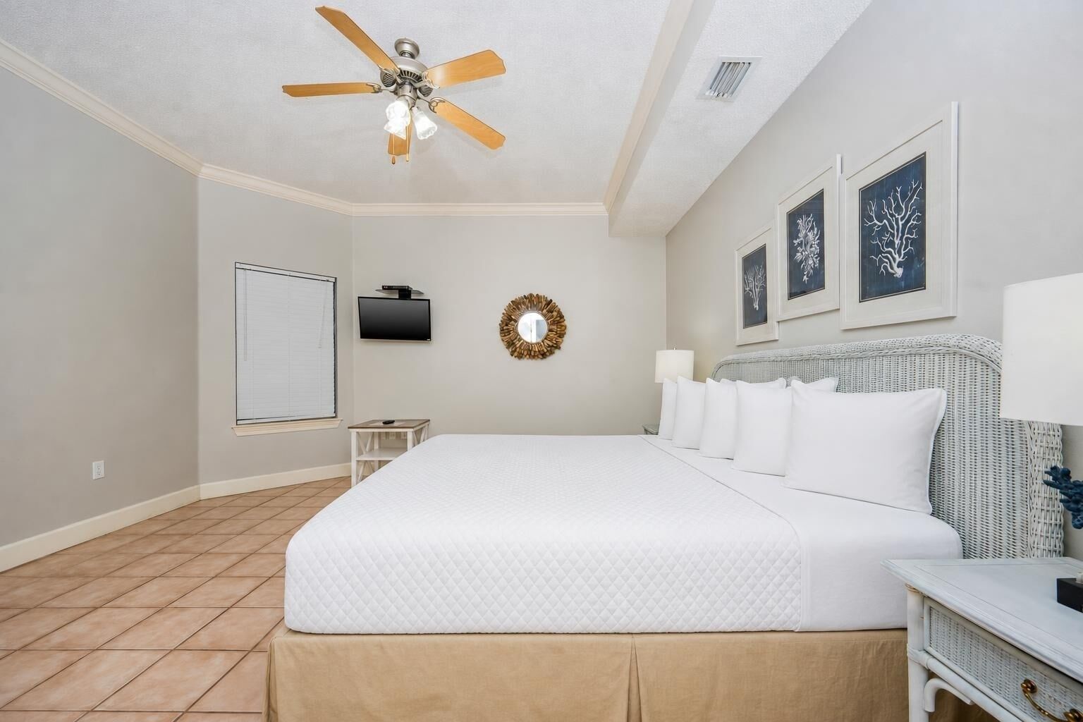 Un dormitorio con cama, ventilador de techo, televisor, espejo montado en la pared y obras de arte enmarcadas.