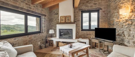 TV, fireplace