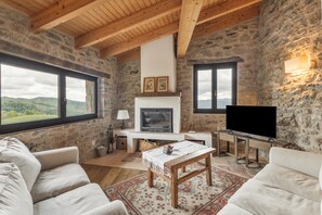Una televisión, una chimenea