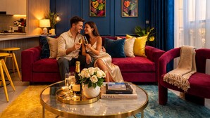 デラックス アパートメント 1 ベッドルーム | リビング エリア | 65 インチのスマートテレビ (デジタル放送視聴可)、Netflix、ストリーミングサービス