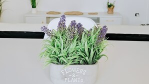 Paredes brancas com uma televisão de tela plana, uma planta em vaso identificada como 'FLOWERS & PLANTS', e um console branco com objetos decorativos.