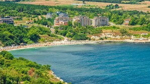 Une zone côtière avec des bâtiments, une plage et une vue dégagée sur la mer.