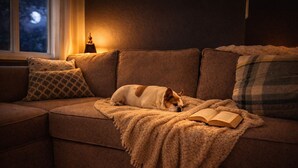A dog sleeping on a sofa with an open book, a blanket, and a lamp in a dimly lit room. - Sleeps 12+ OWA Retreat: Backyard Bowling + Dogs (Foley)