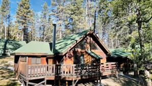 A rustic cabin with a green roof, wooden deck, and a chimney. - Cozy Studio in Idyllwild (Idyllwild-Pine Cove)