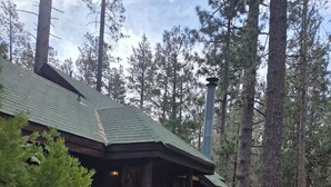 A cabin with a green roof, a wooden deck, and a concrete pathway leading to the entrance. - Tranquil Studio at Eagle Creek (Idyllwild-Pine Cove)