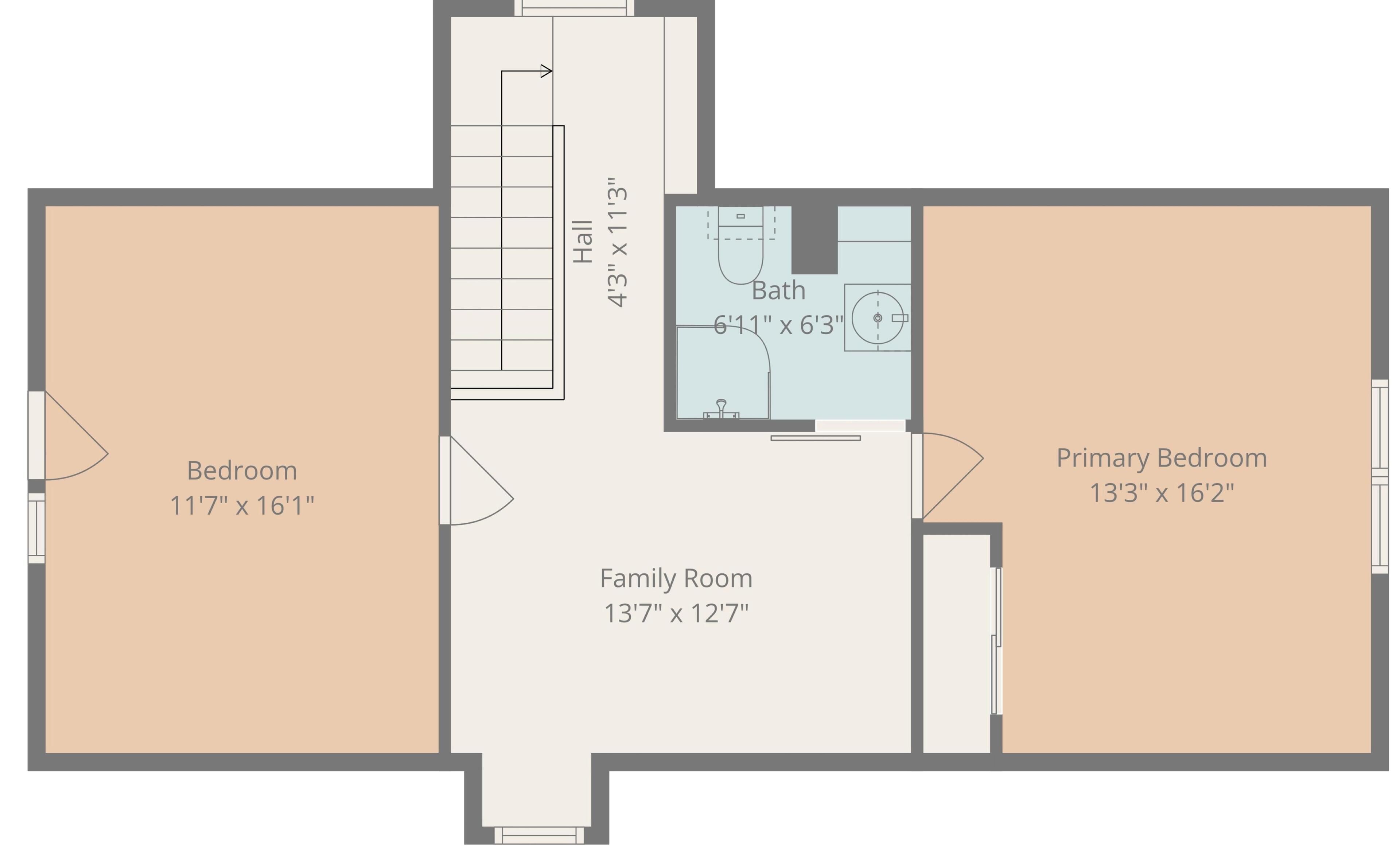 A floor plan with a bedroom (11'7' x 16'1'), a primary bedroom (13'3' x 16'2'), a family room (13'7' x 12'7'), and a bathroom (6'11' x 6'3').
