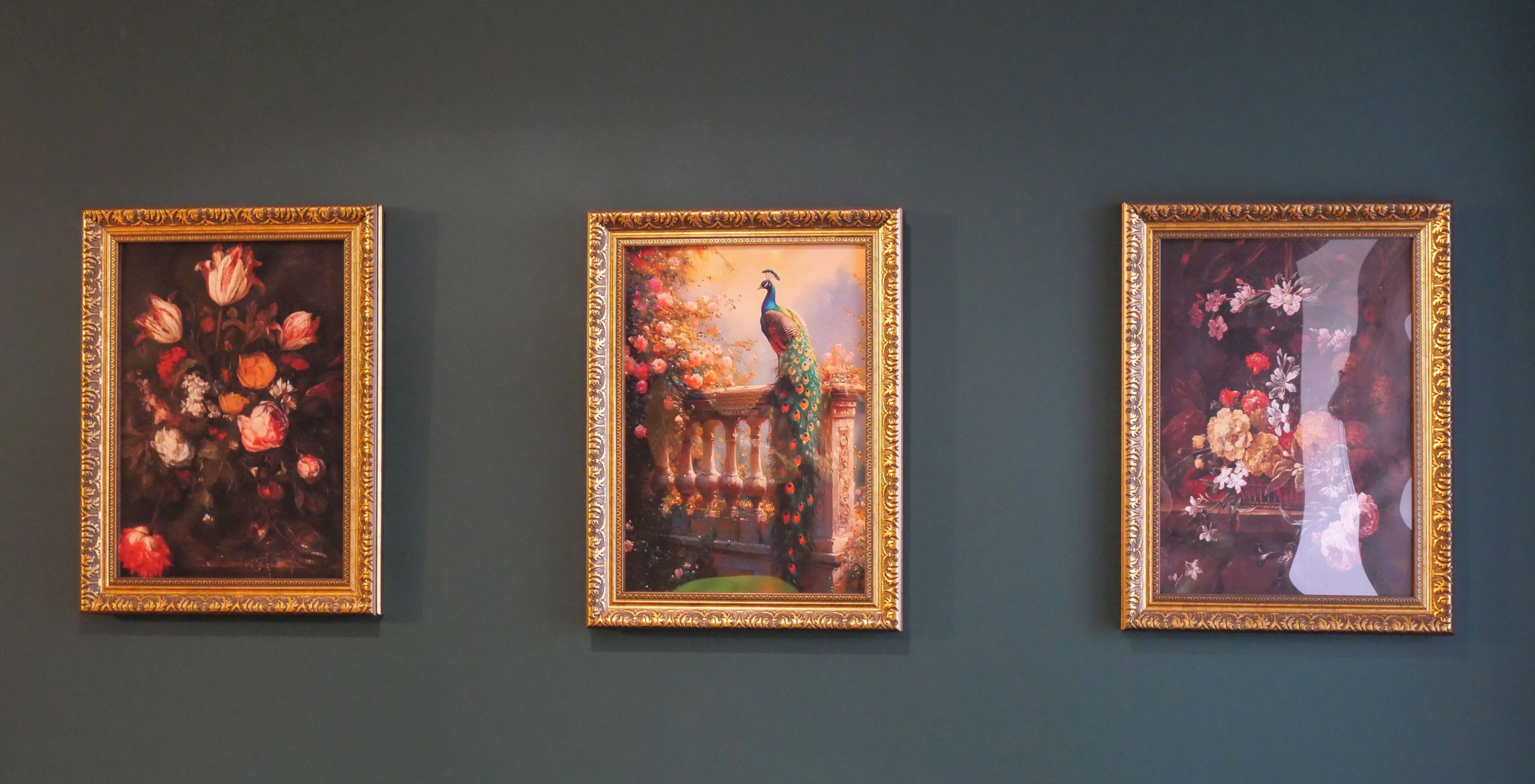 Tres obras de arte enmarcadas en una pared.