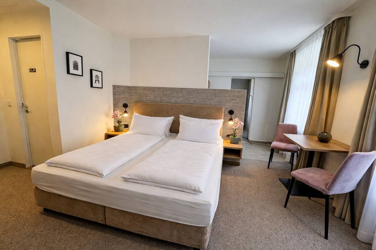 A double bed with two nightstands, a desk with a chair, and a small table with a vase.