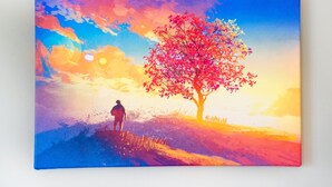 A painting of a person standing under a tree with a sunset in the background. - Cosy Studio with Balcony, Air Conditioning & Pool Table – Cazaubon (Cazaubon)