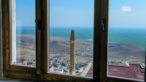 Uitzicht door een raam met houten kader, een verafgelegen stadsbeeld en een opvallende toren.